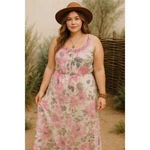Sonoma Life + Style L Boho Floral Maxi Dress Pink Gray Sleeveless Summer Chic